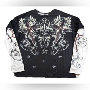 Affliction Style Y2K AOP Emo Long Sleeve T Shirt Men's XL Black Vintage Grunge